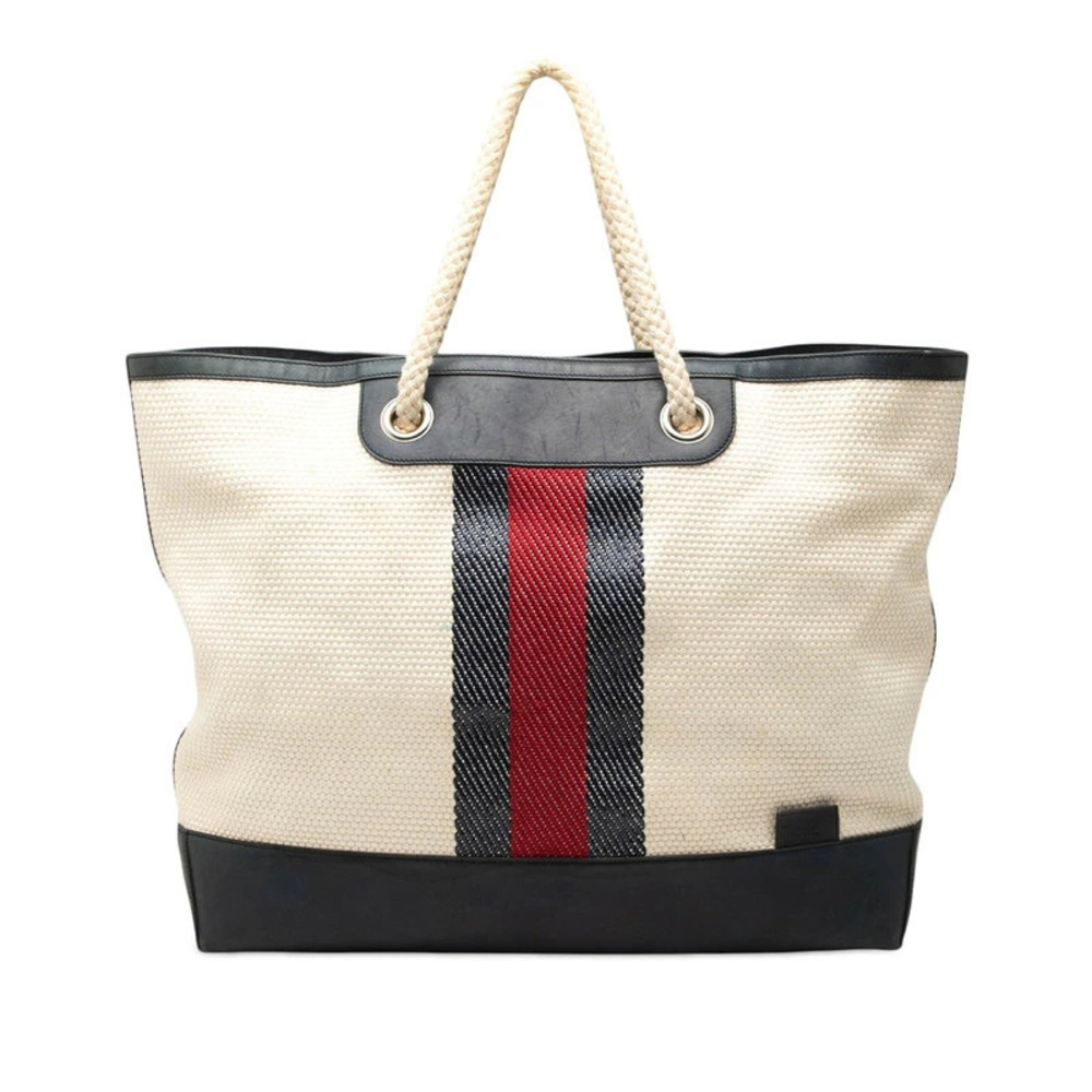 Gucci Sherry Tote Bag Navy Blue Ivory White Canvas Leather